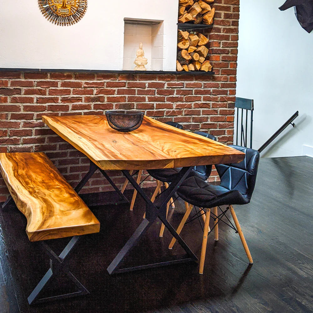 Live Edge Suar Table with Black X Shaped Legs/Natural Finish