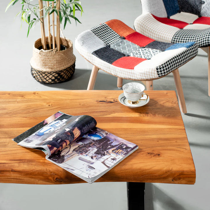 Live Edge Acacia Coffee Table with X Black Legs/Natural Finish