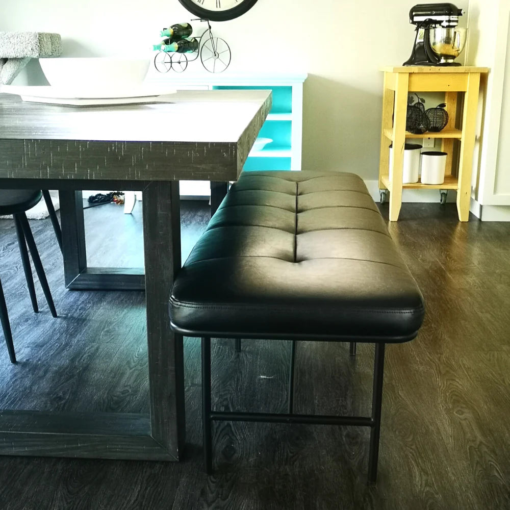 MILAN - Vintage Black Leather Bench w/ Black Metal Legs