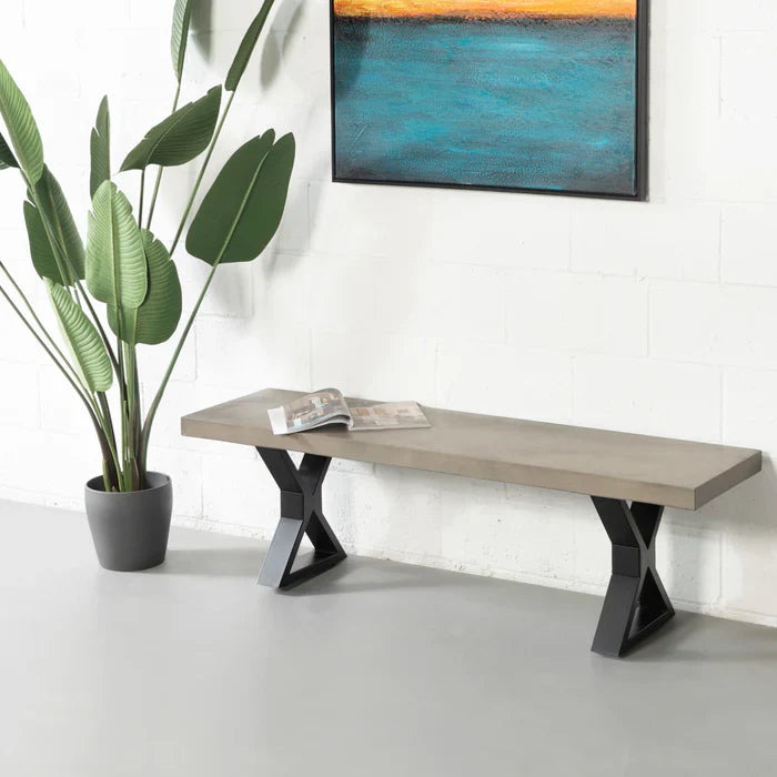 VERONA - Grey Concrete Bench with X Black Legs