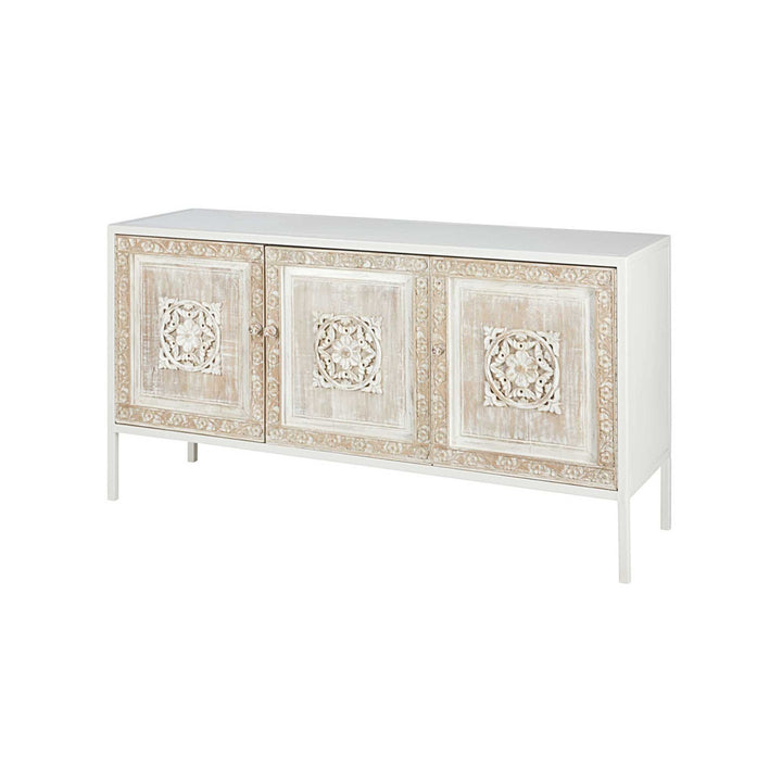 White Metal & Sculpted Mango Wood 3-Door Sideboard