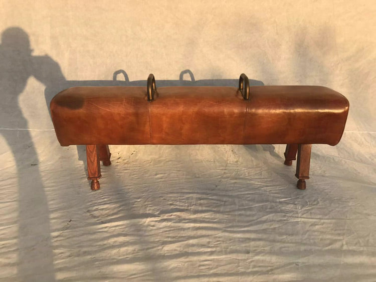 Brown Stool,Vintage Leather Stool,Bedroom Leisure Bench Stool,Wood Legs Stool